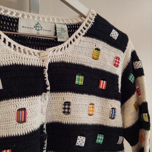 Design Options Knit Novelty Sweater Cardigan Small Ribon Detail Cottage Stripe - Picture 3 of 9